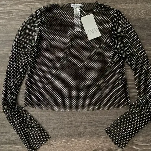 ZARA NWT SHIMMER Rhinestone Black MESH CROP TOP. Size Large