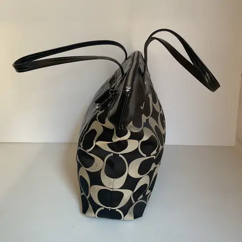 Coach Tote Bag Signature Black Khaki with Patent Leather Trim Purse