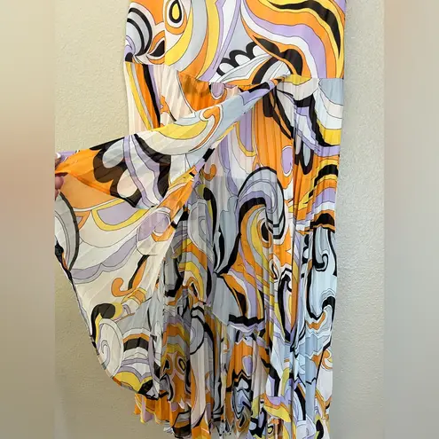 Marciano Orange and Purple Abstract High Low Pleated Flowy Maxi Skirt Size S