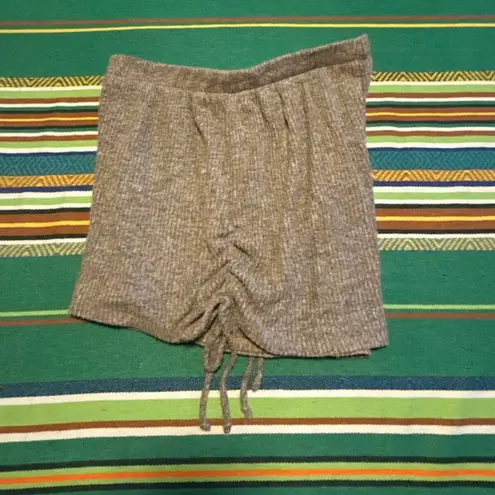 Gaze Ribbed Knit Shorts with Ruched Tie Sides in Heathered Grey Beige size XS Tan