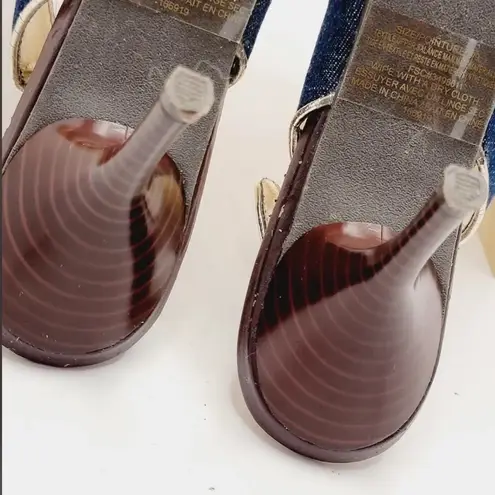 Medium Blue Denim Peep Toe Slingback Small Heel Golden Lining Shoes size 7