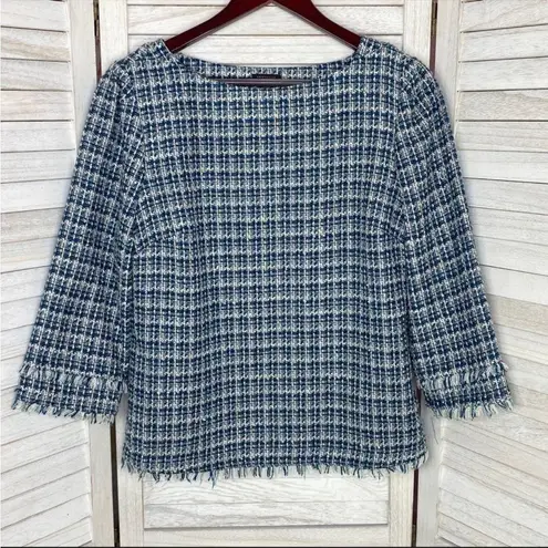 Ann Taylor  Fringe Trim Tweed Boatneck Top Blue White 8 3/4 Sleeve