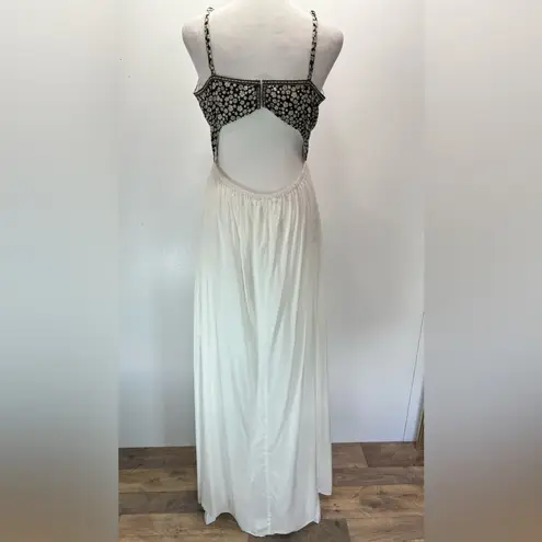 Soiéblu Open Back ModCloth Maxi Dress Cream with Black & Beige Flowered Bodice