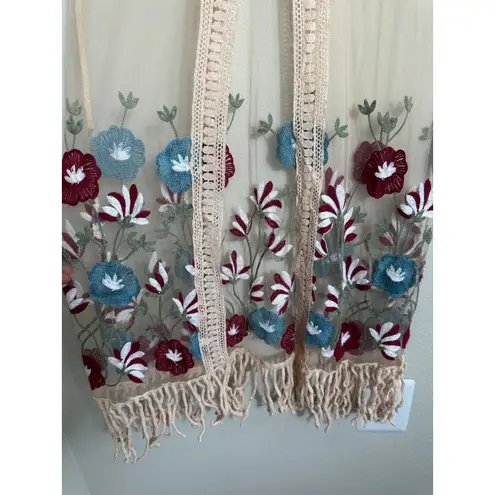 Sheer Embroidered Floral Kimono Duster S Cardigan Boho Crochet Trim Fringe Hem Tan