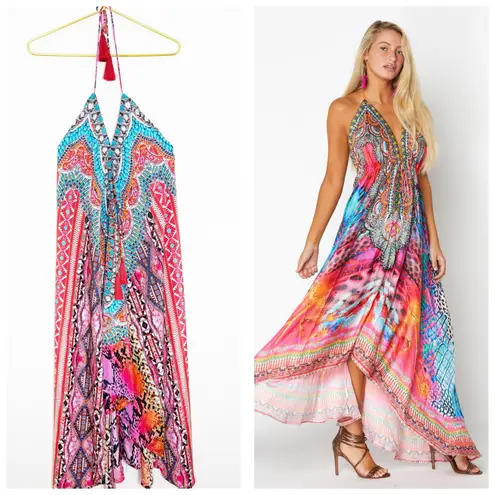 True Colors By La Moda Halter Maxi Dress Size Medium Mix Print Y2K Rhinestone Blue