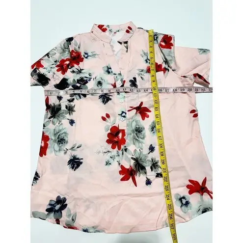 Women's Polyester Floral Print Split Neck Short Sleeve Top Pink Size Large