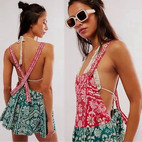 Free People  Bohemian Beach Palm Bay Printed Shortalls Romper Small Hawaiian