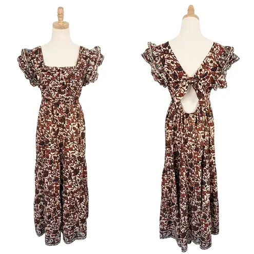 LOVE THE LABEL Anthropologie Mirabelle Ruffled Maxi Dress Brown Floral Sz M NWT Size M