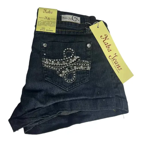 NEW Kaba JEAN SHORTS SZ 7 Dark Blue Denim Stone Stud Bedazzled Double Lasso NWT