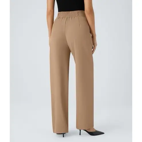 Halara Flex High Waisted Zipper Pocket Shirred Straight Work Pants Beige S NWT