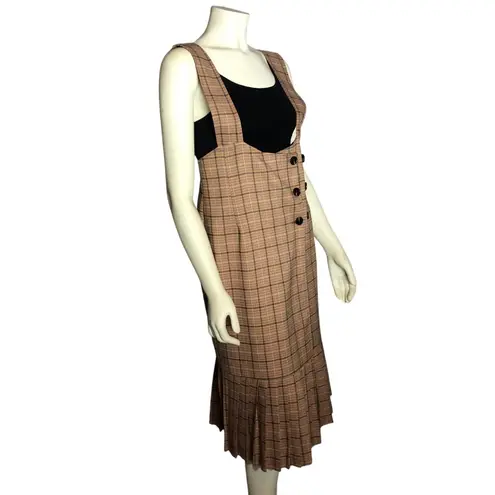 Vintage Min Woo Style Plaid Jumper Wrap Dress Brown Check Midi Pleated Medium
