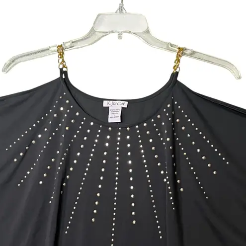 K. Jordan Shirt Womens Large Black Rhinestone Cold Shoulder Chain Strap Batwing