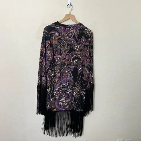 Temple Ro Festival Fringe Robe Kimono Cardigan Open Front Purple Black One Size Size undefined