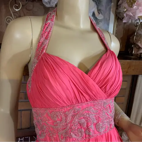 Oleg Cassini OC PINK SILK CHIFFON BEADED HALTER FORMAL DRESS (2)