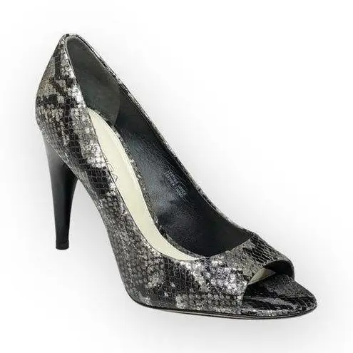 via spiga new Metallic Python Leather Peep Toe Heels Pumps Black Grey 8.5M