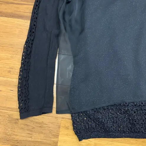 Tribal Sparkle Blouse Womens Small Long Sleeve Sheer Layered Lace Trim Top Black