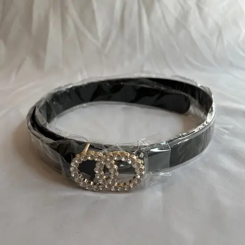 Vegan Faux Leather Double‎ Circle Rhinestone Glitz Belt Black
