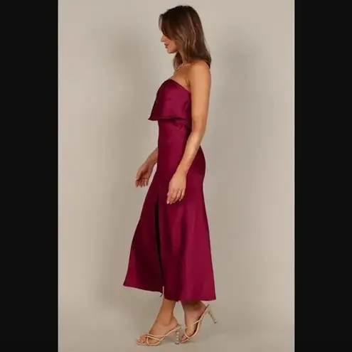 Petal and Pup  Vienna Strapless Berry Satin Ruffle Side Slit Midi Dress XS