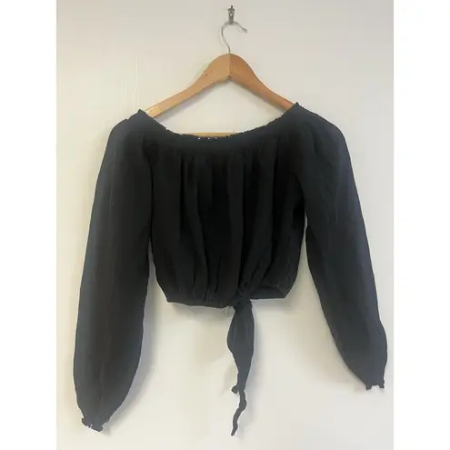 Blanco 100 % Cotton Top Off Shoulder Blouse Tie Front Sz L NWT $48 Black Size L