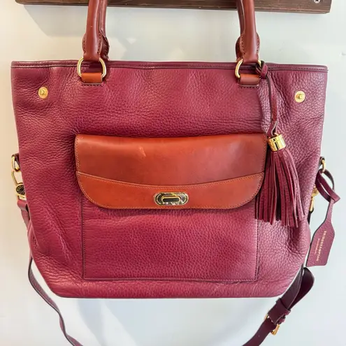 Isaac Mizrahi Bridgehampton Burgundy Cognac Leather Tote Messenger Turnlock Bag