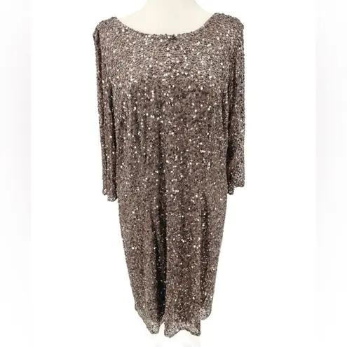 Pisarro Nights Draped Back Sequin Beaded Dress Mocha 20W Tan