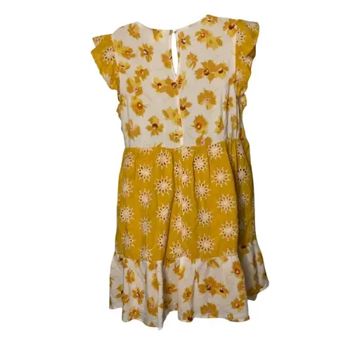 MELLODAY Floral Yellow & White Tiered Dress Square Neck & Ruffled Boho flowy L