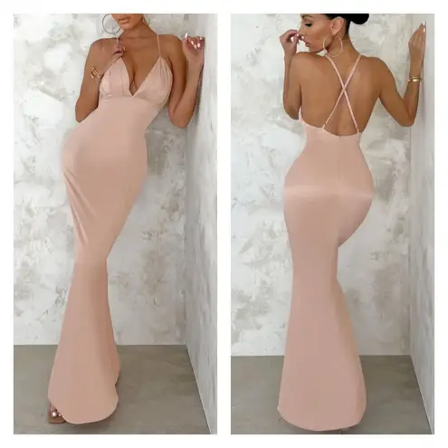 Club L  - Bridesmaid Cami Tailored Satin Maxi Dress in Nude