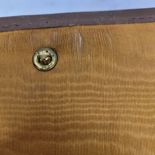 Antique Tooled Leather Clutch Handbag Brown Gold Taffeta Kiss Lock Handle Purse