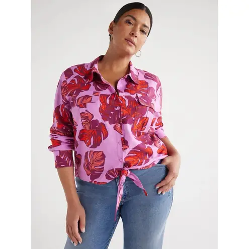 Sophia Jeans By Sophia Vergara Hawaiian Tropical Monstera Linen Blend Shirt XXXL Pink Size undefined