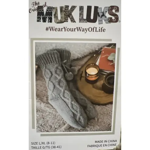 Muk Luks Knit Cabin Slipper Cable Socks Faux Sherpa Lining L/XL NWT ~ Gray