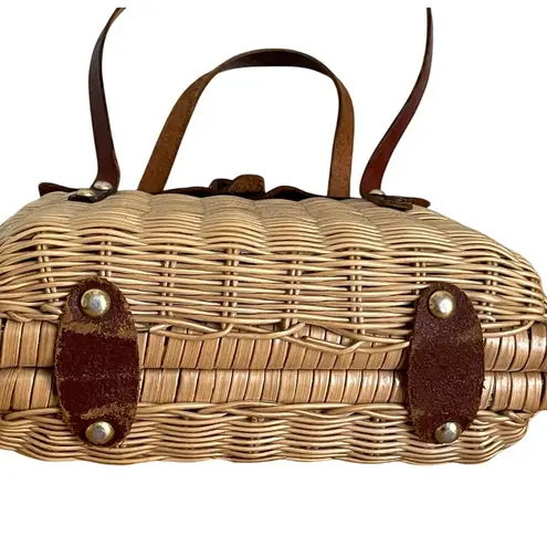 Vintage Wicker & Leather Basket Handbag – Mid Century Artisan Purse Brown
