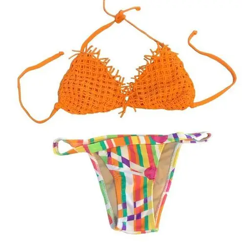 Recco brazilian bright orange knitted fringe top & striped bikini bottom New Size M