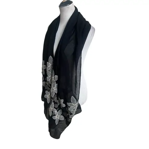 Embroidered Floral Wrap Long Scarf Women’s Black Bronze Sheer Elegant