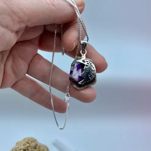 Crescent Moon Super Amethyst 23 Solid Sterling Silver Pendant Necklace