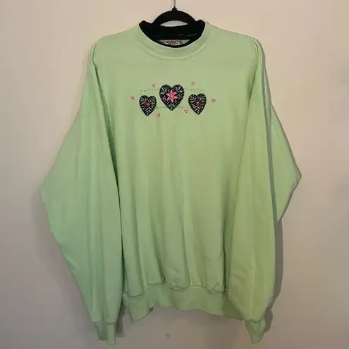Vintage Top Stitch Floral Heart Light Green Crewneck Sweatshirt Size XL