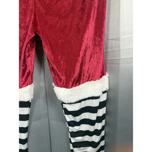 100% Poof Pants Womens Medium Red Black White Santa Faux Belt Striped Leggings