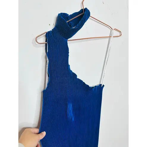 L’IDEE Regal Blue 90s One Shoulder High Neck Satin Plisse Lettuce Hemline Dress Size 10