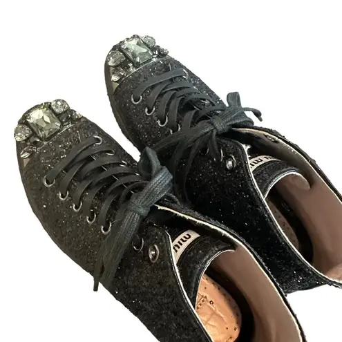 Miu Miu  Black Glitter High Top Sneaker Jewel Toe Tennis Shoe Size 35.5 EU 5.5 US