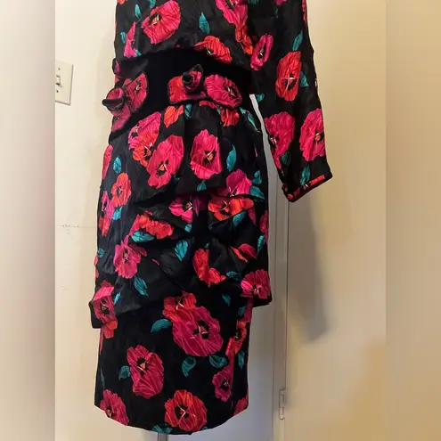 VTG A.J. BARI SILK Black Floral Puffy Sleeve Party Prom Formal Dress sz 12 80s Red