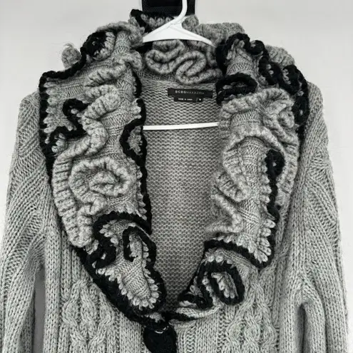 BCBGMAXAZRIA  Cardigan Wool Mohair Blend Sweater Ruffled Collar Gray Black Medium