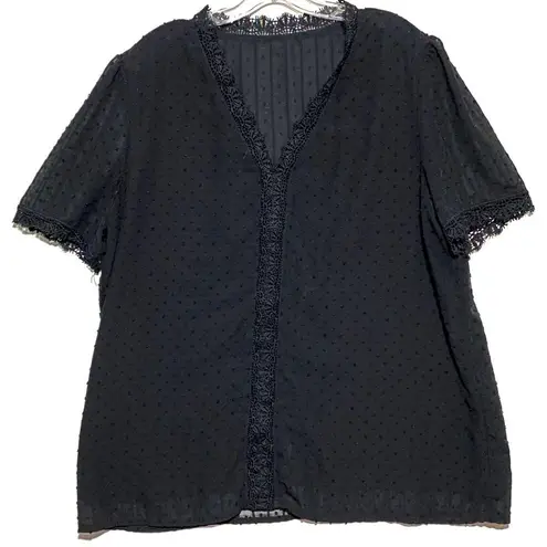 Black V Neck Blouse Top XL Whimsigoth Witchy Crochet Swiss Dot Y2K Fairy Grunge