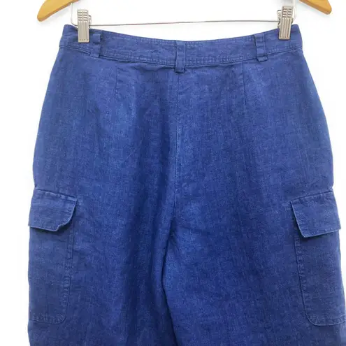 Kate Hill Cargo Pants Size 6 Navy Blue 100% Linen Wide Leg Utility Pockets