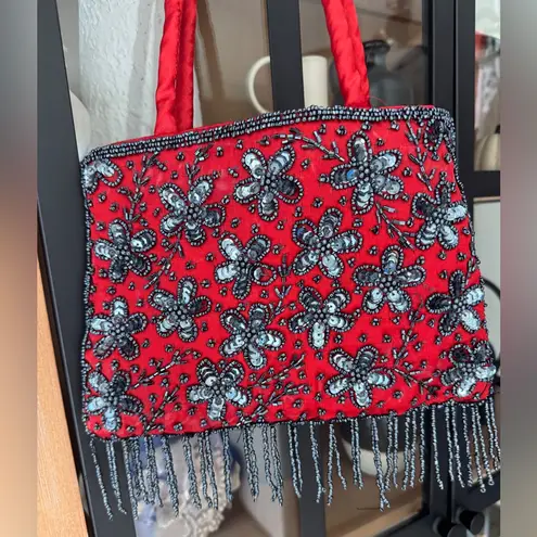 Vintage 90s beaded Silk Beaded Evening Bag Purse Handcrafted small zipper fringe Red