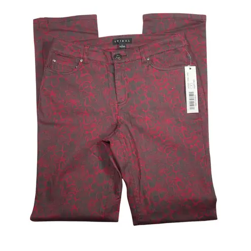 Tribal Pants Womens Size 4 Red Black Denim Slim Straight Stretch Animal Print