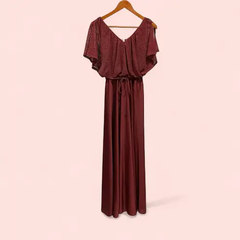 Vintage 70’s glam boho burgundy crochet top open shoulder maxi dress tie belt Red Size XS