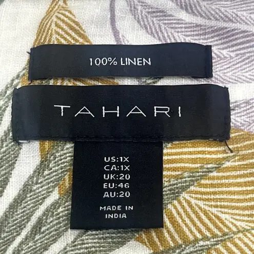Tahari Linen Popover Blouse Size 1X Tropical Palm Print Coastal Beach Vacation