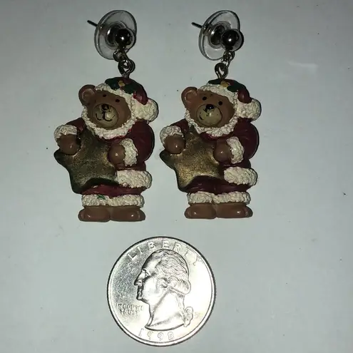 Vintage Festive Bear Earrings with Gold Tone Star Red