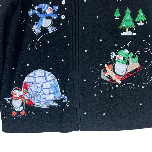 Vintage Christmas Jacket Womens S Black Fleece Embroidered Essentials by Maggie