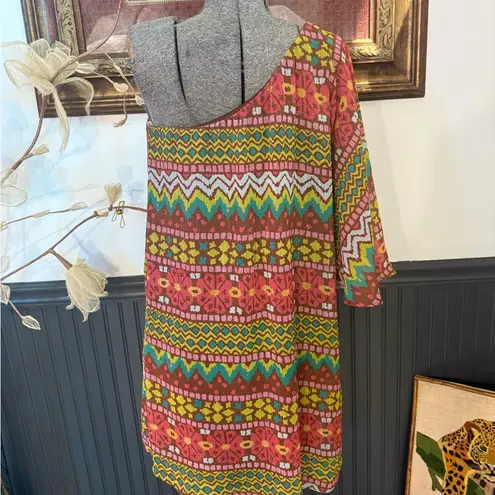 Judith March Bohemian One Shoulder Colorful Geometrical Print Dress L 💚🍄