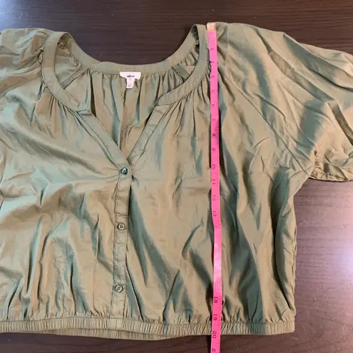 Aerie  Olive Green Gathered V Neck Button Up Puff Sleeve Cropped Blouse Top XXL